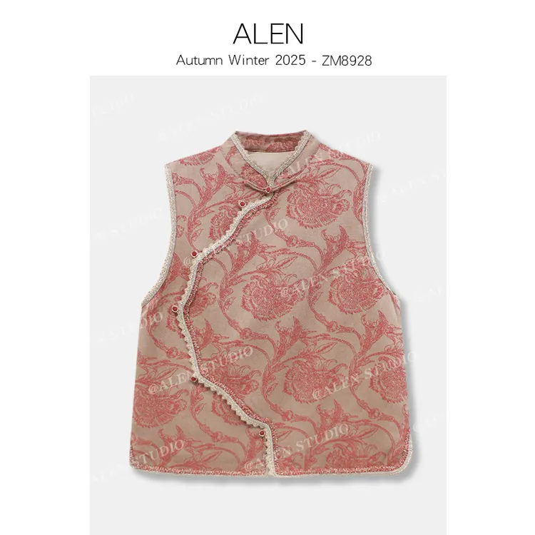 Alen女装店【花开常在】新中式国风百搭立领无袖刺袖背心马夹ZM8928
