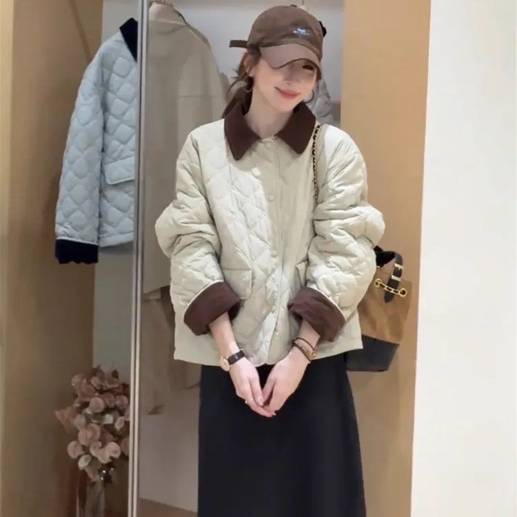 夹棉加厚外套女短款上衣秋冬新款2025韩系宽松简约小个子菱格棉服