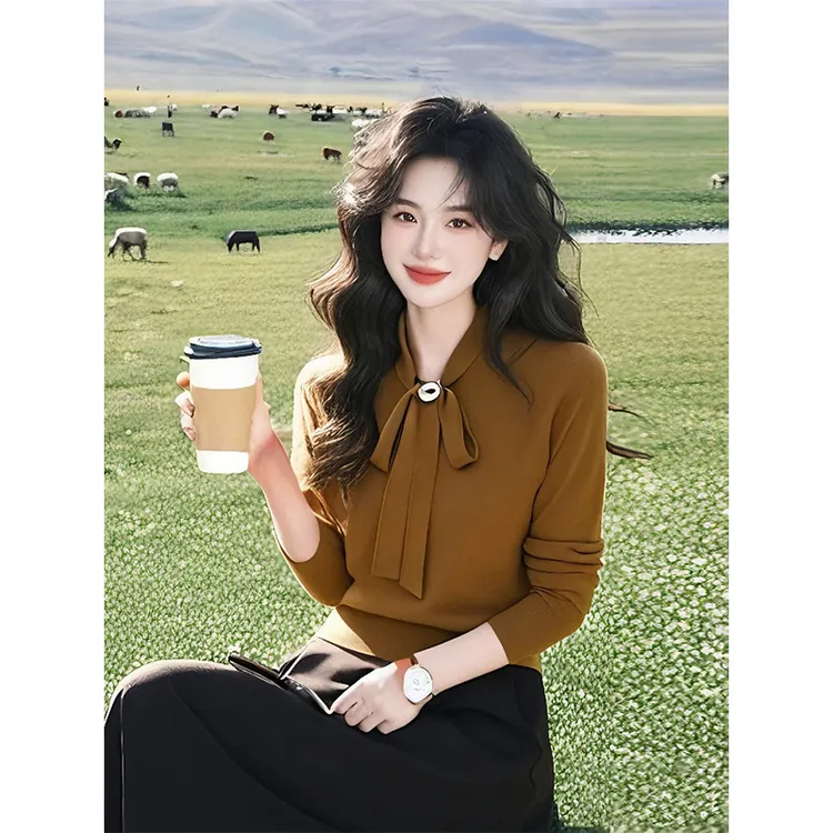 独特漂亮内搭打底衫设计感好看上衣黄棕色针织衫春装女款2025新款
