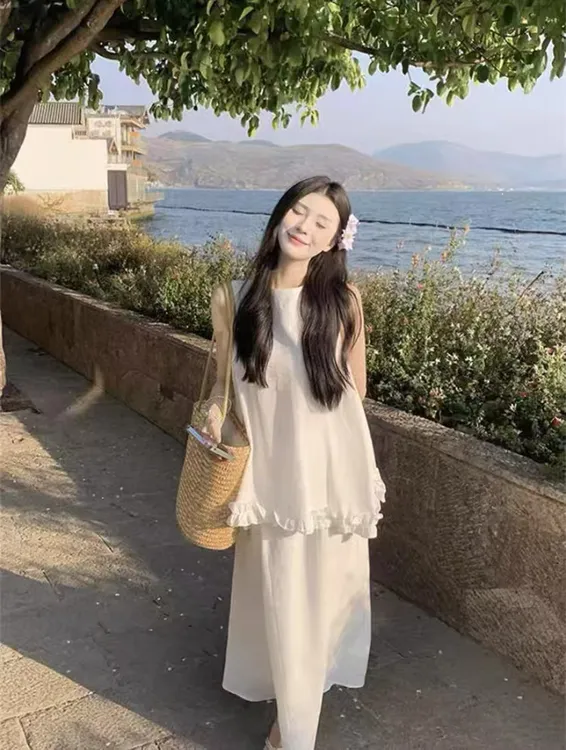 韩版时尚无袖木耳边舒适背心+松紧腰后妈裙纯欲酷女生韩系ins衣服