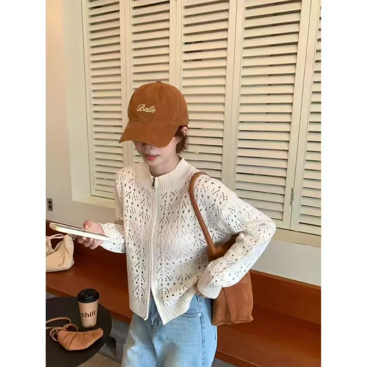 韩系镂空钩花针织开衫外套女早秋新款慵懒风宽松显瘦短款上衣 