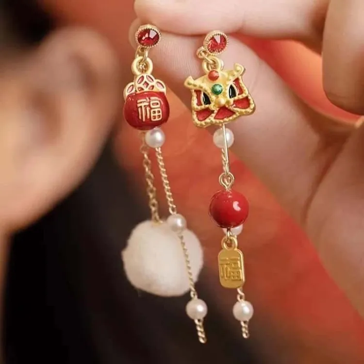 合金耳饰 2025新年发财福袋醒狮耳环女过年红色不对称耳钉耳饰女