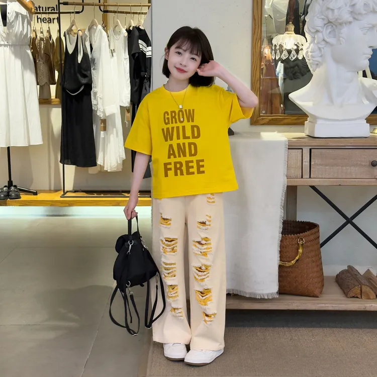 2025年款衣服儿童夏季短袖女童洋气时尚甜酷牛仔破洞阔腿裤两件套