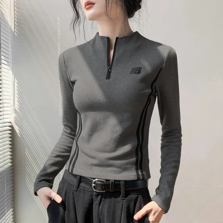 流行拉链卫衣长袖T恤女2025秋季修身内搭打底衫爆款字母印花上衣