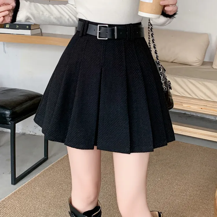 2025秋冬新款高腰显瘦设计感韩系毛呢洋气百褶A字百褶半身短裙女