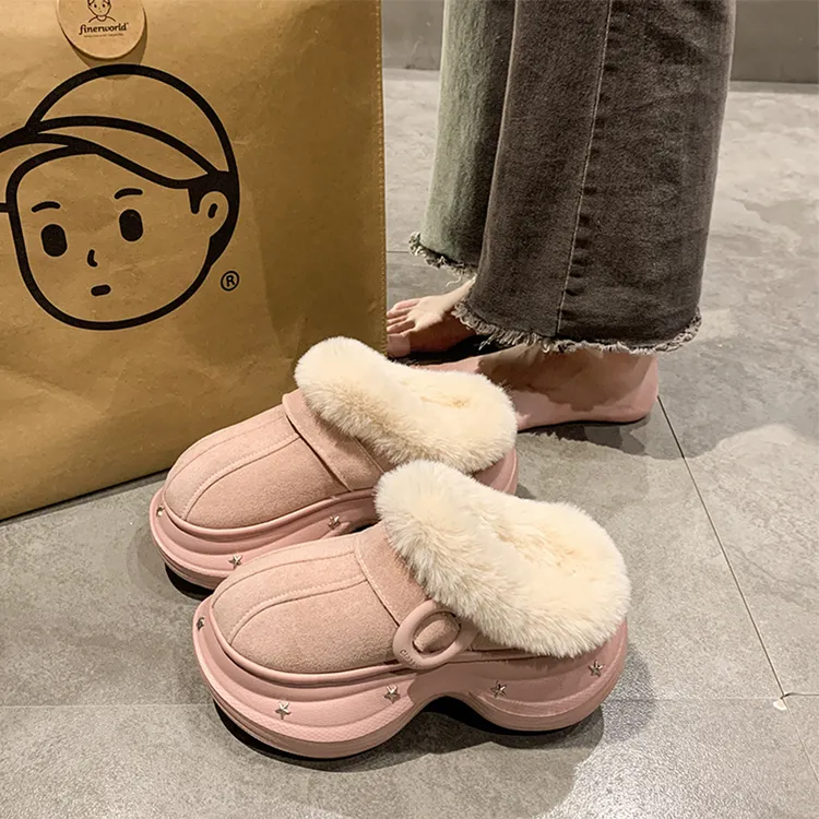 棉鞋女款冬季外穿加绒加厚保暖棉拖鞋厚底增高家居防滑包头毛毛鞋