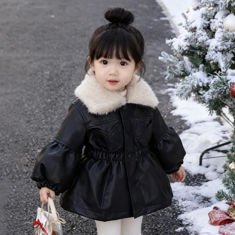 单排扣厚款女童皮衣夹克风衣童装加厚洋气保暖韩版冬季儿童翻领潮