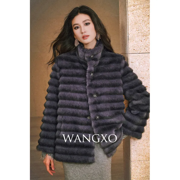 WANGXO 香芋紫条纹环保皮草外套 2581256W