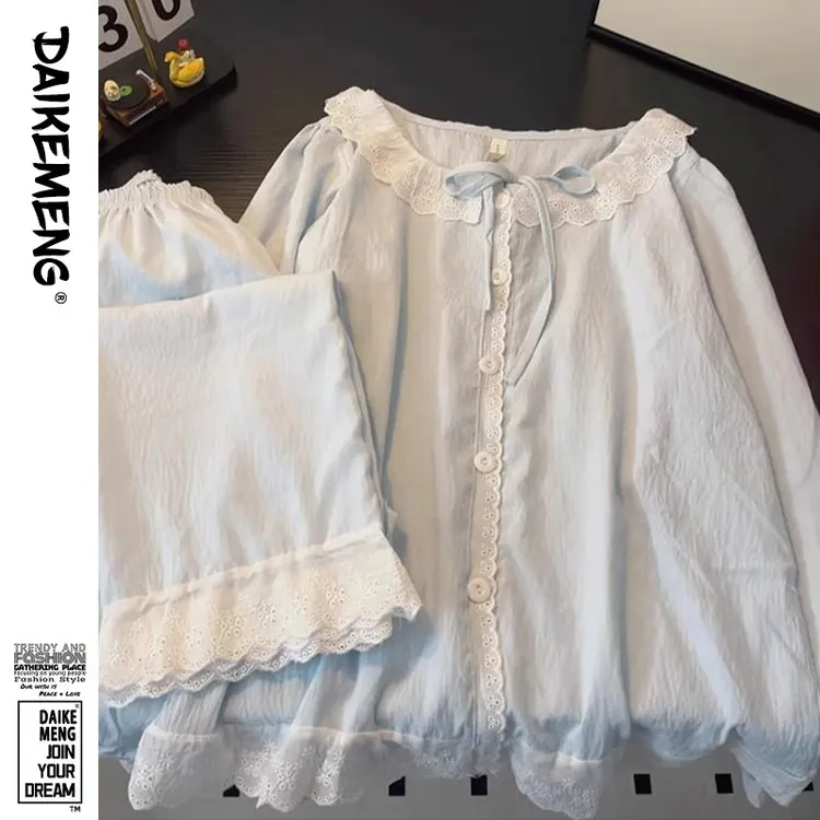 春秋款纯色圆领蕾丝花边睡衣女2025新款长袖长裤云朵棉家居服套装