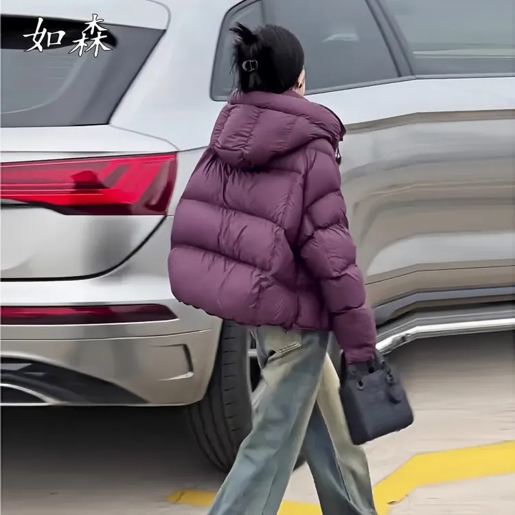 泡芙龟背紫色短款棉服女2025冬季新款小个子连帽面包服外套加厚潮