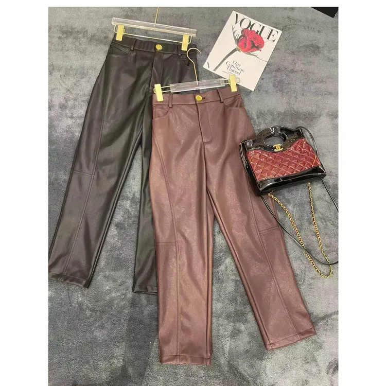 芳子高定时尚气质垂感拼缝显瘦中高腰皮料小镰刀裤女士九分裤ML82