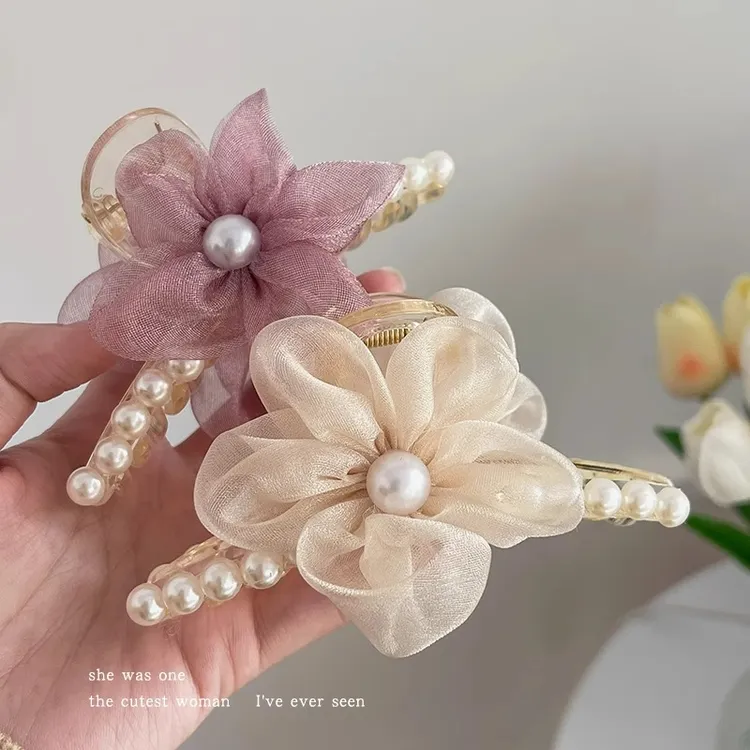 欧根纱花朵珍珠发夹女2025新款高端发卡后脑勺发抓夹鲨鱼夹子头饰