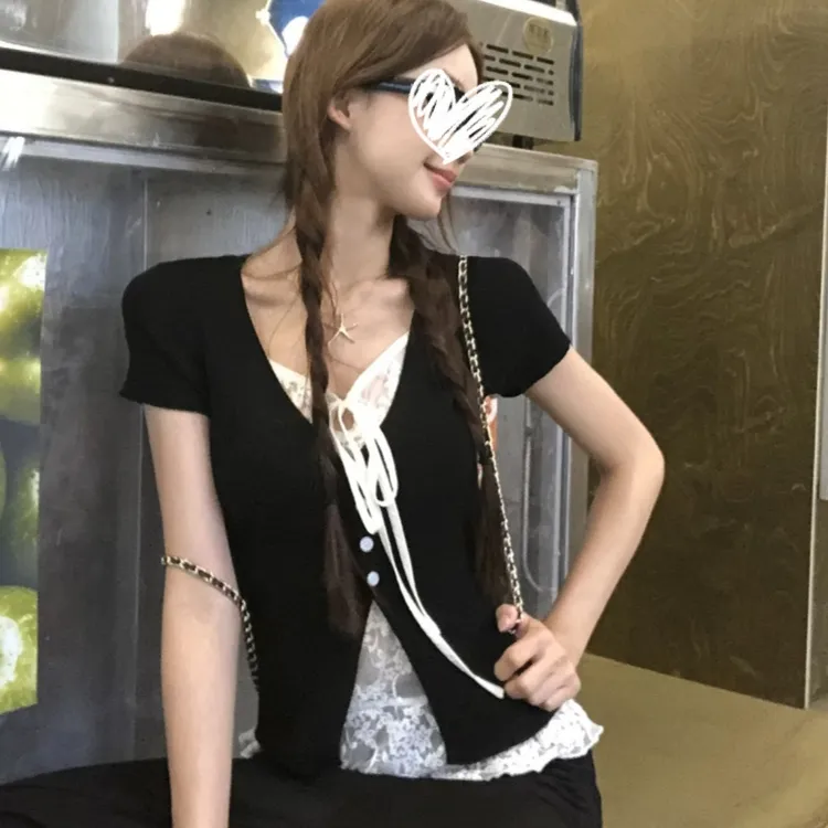 【现货】夏季新款韩版高级设计感短袖T恤修身显瘦甜美穿搭上衣