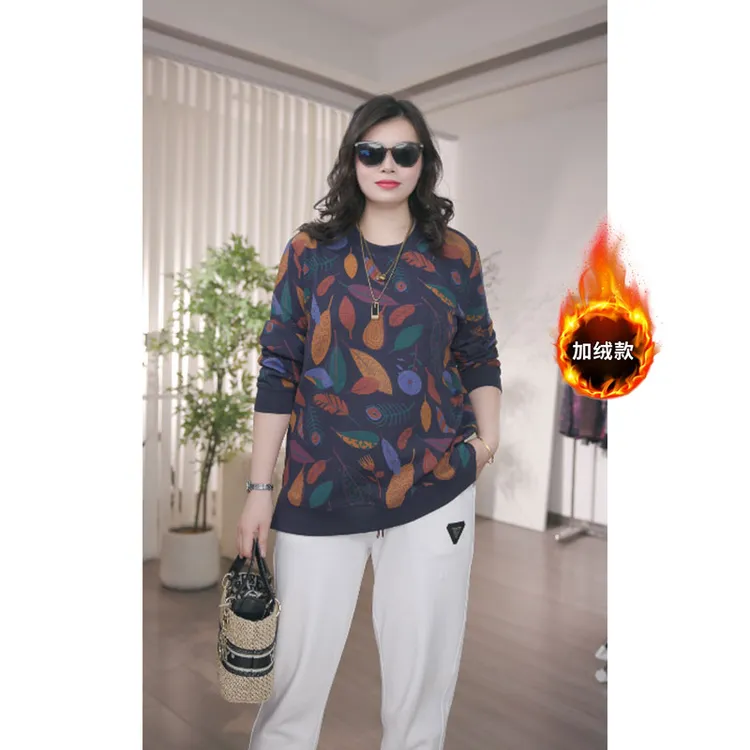 大码女装休闲风女宽松型圆领印花加绒款大码长袖