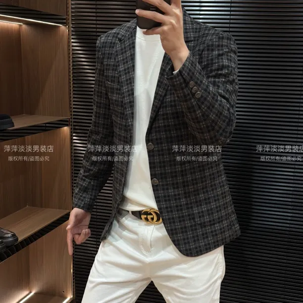 秋季轻奢千鸟格男士休闲百搭西服8170