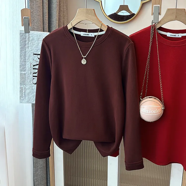 2026新款春秋打底衫圆领春秋大码纯色女T恤休闲长袖冬季女抗起球