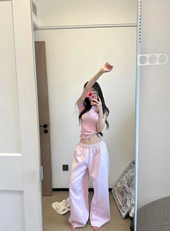 粉色时尚套装简约百搭修身显瘦短袖T恤女夏季高腰直筒休闲裤套装