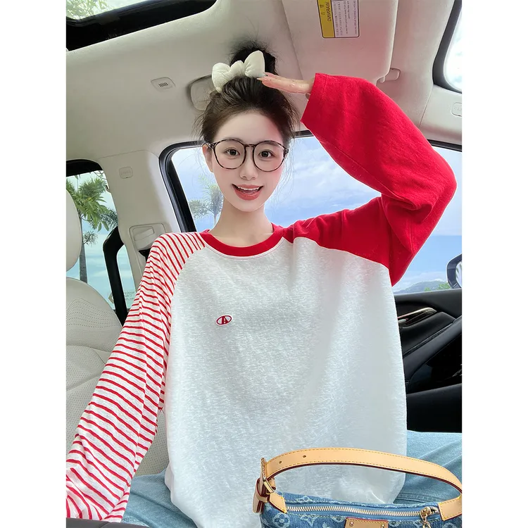 SUMENGQING 秋季新款宽松撞色条纹休闲百搭薄款防晒罩衫T恤上衣女