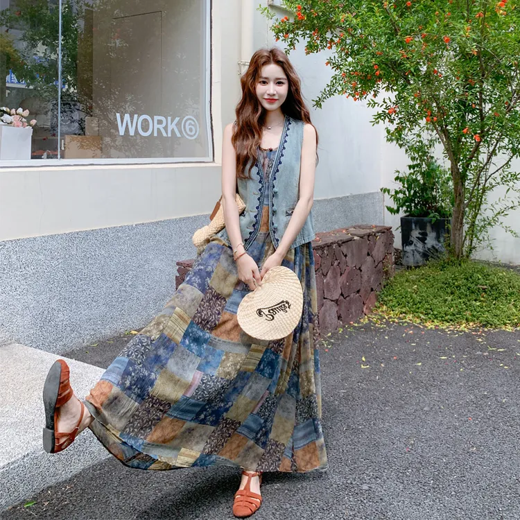 牛仔马甲民族风印花吊带裙套装2025夏季新款海边度假风气质两件套