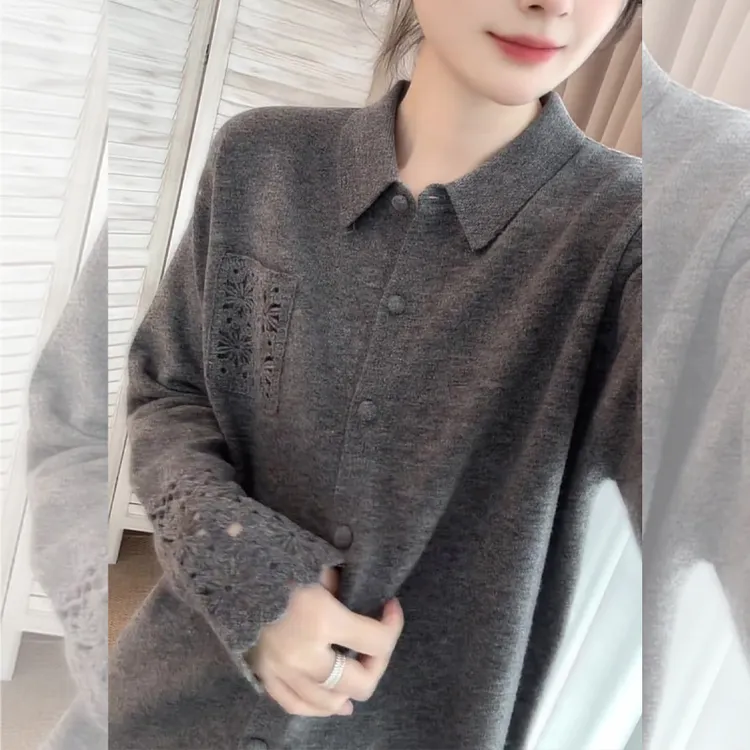 灰色翻领镂空长袖针织开衫女2025年秋季新款休闲宽松百搭气质上衣