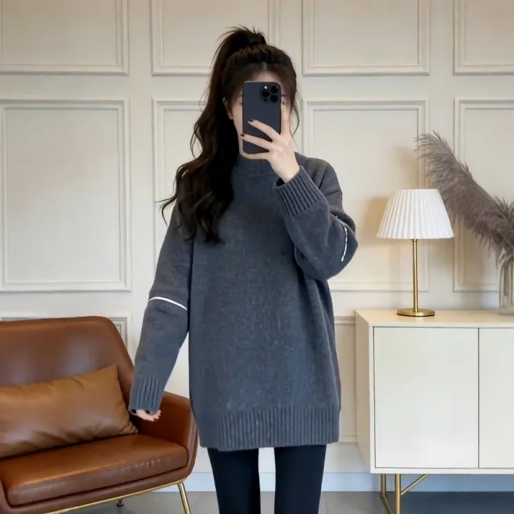 大码韩系慵懒风灰色毛衣设计感女秋冬宽松显瘦内搭打底衫气质上衣