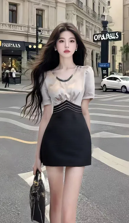 温柔甜美千金风U领短袖设计感连衣裙女高级不规则时尚贵气穿搭