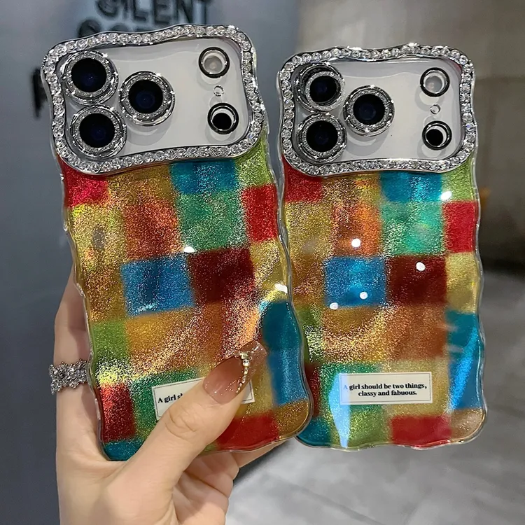 适用苹果系列iPhone17新款手机壳复古彩色格子全包满钻精孔镜头框