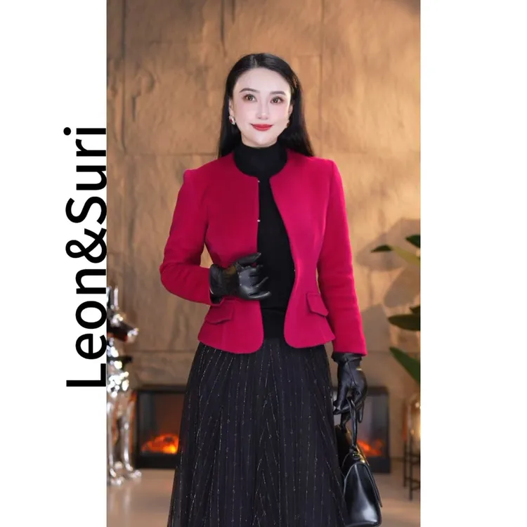 Leon&Suri “暮色烟紫”新款原创羊毛百搭短款秋冬小香风棉服外套