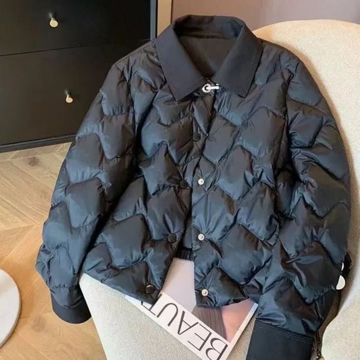 黑色翻领小香风菱格棉衣棉服女冬季2025时尚百搭别致保暖夹棉外套