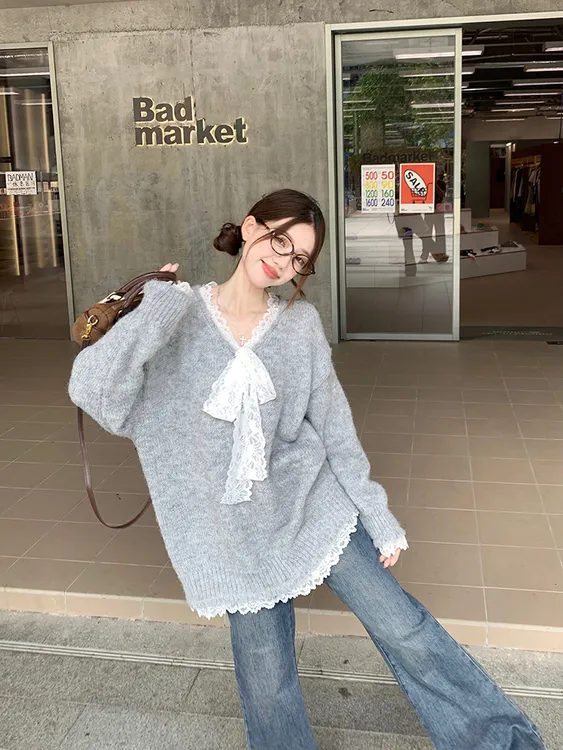 蕾丝蝴蝶结拼接宽松长袖毛衣女装2025慵懒风针织衫中长款上衣春秋