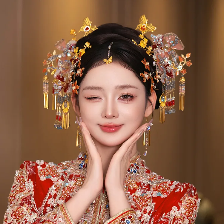 G373新娘头饰浅色减龄古风唯美甜美秀禾服红金手工花朵结婚发饰品