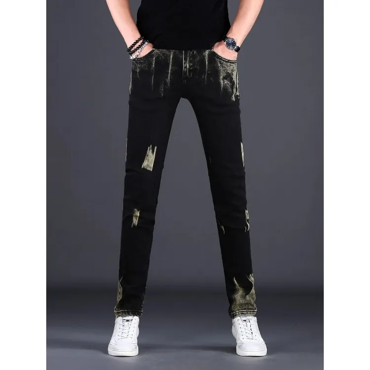 欧货潮牌刺绣牛仔裤男春秋新款弹力修身小脚裤潮流百搭休闲裤子男