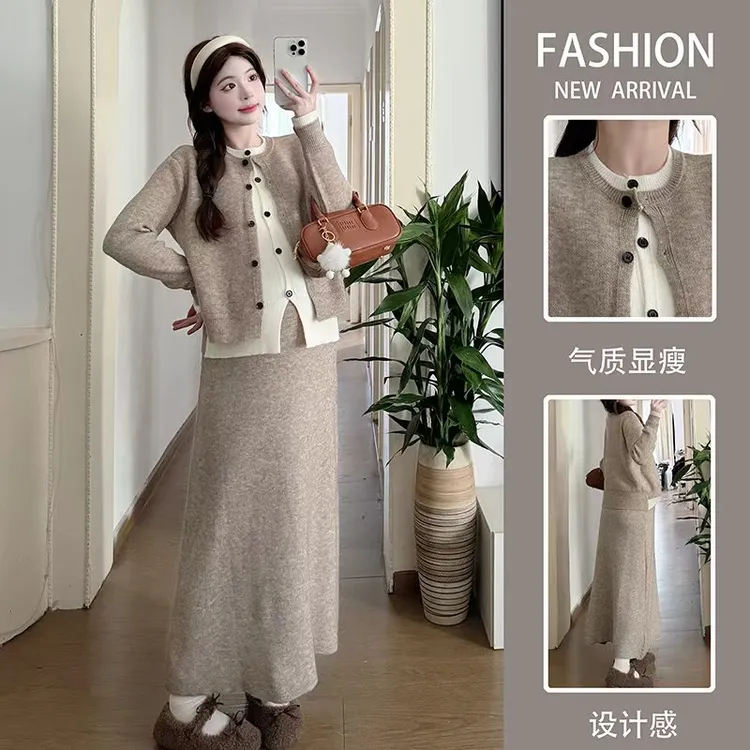 孕妇针织套装2025春秋款假两件套上衣搭配半身裙两件套宽松显瘦