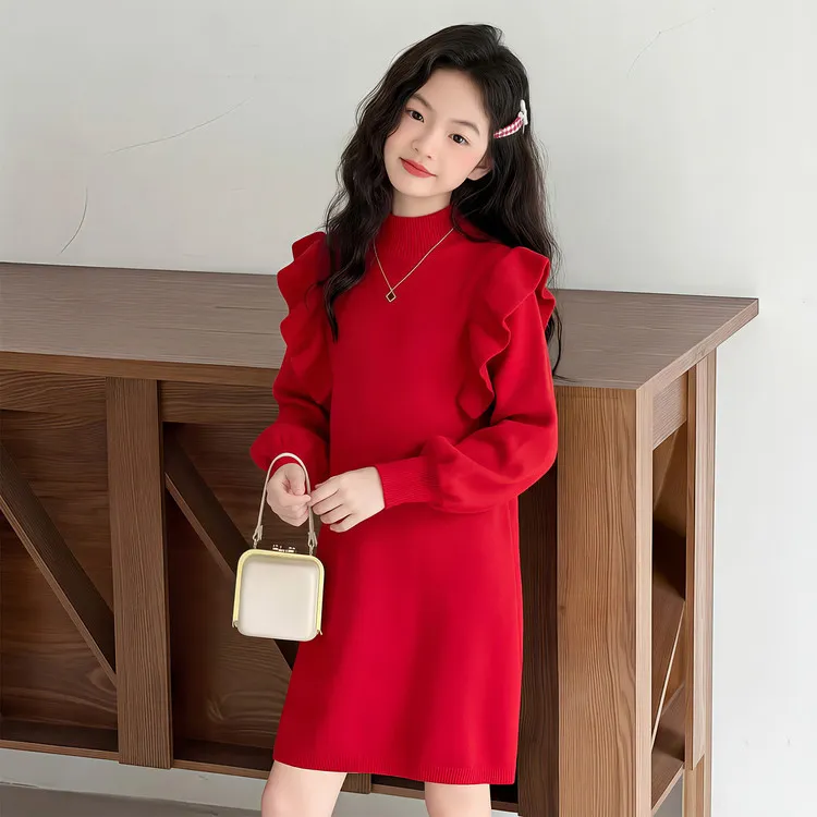 儿童新年衣服女6-12岁女童一体绒毛衣2026年火爆款女孩红裙子冬季
