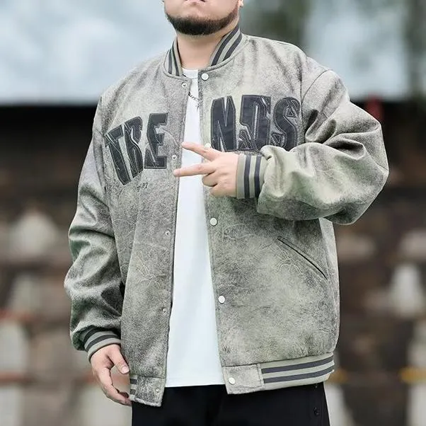 秋冬款大码麂皮绒夹克男士刺绣棒球服宽松飞行员夹克胖子机车外套