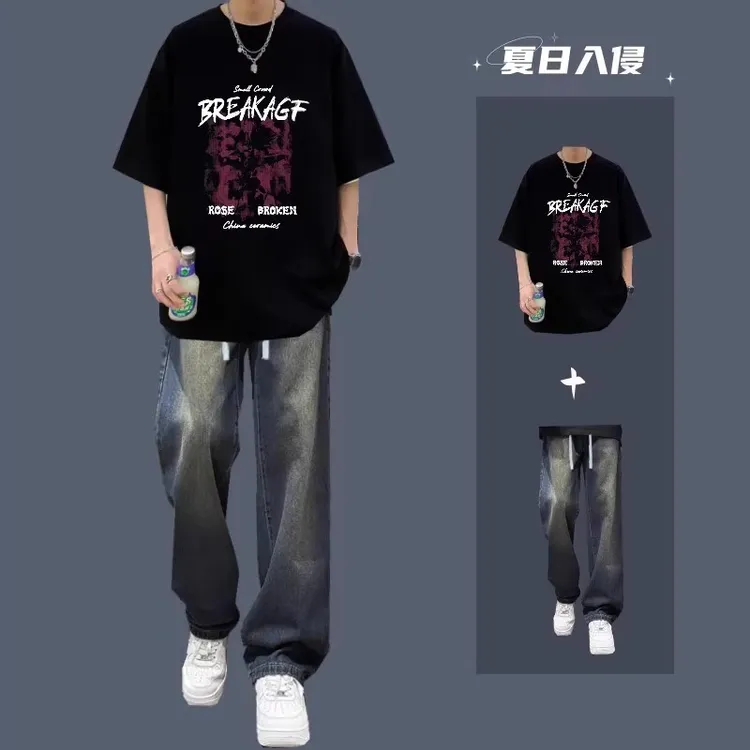 夏季一整套穿搭美式男士夏装套装高街纯棉短袖T恤2025新款ins潮流