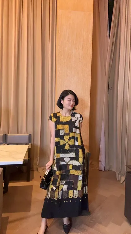 TANTAN  真丝 气质时尚拼格黄色印花连衣裙2042