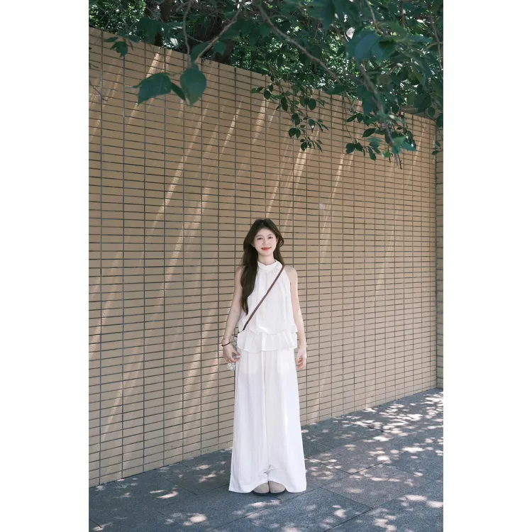 2025夏季新款韩系气质无袖衬衫上衣高腰显瘦白色阔腿裤时尚两件套