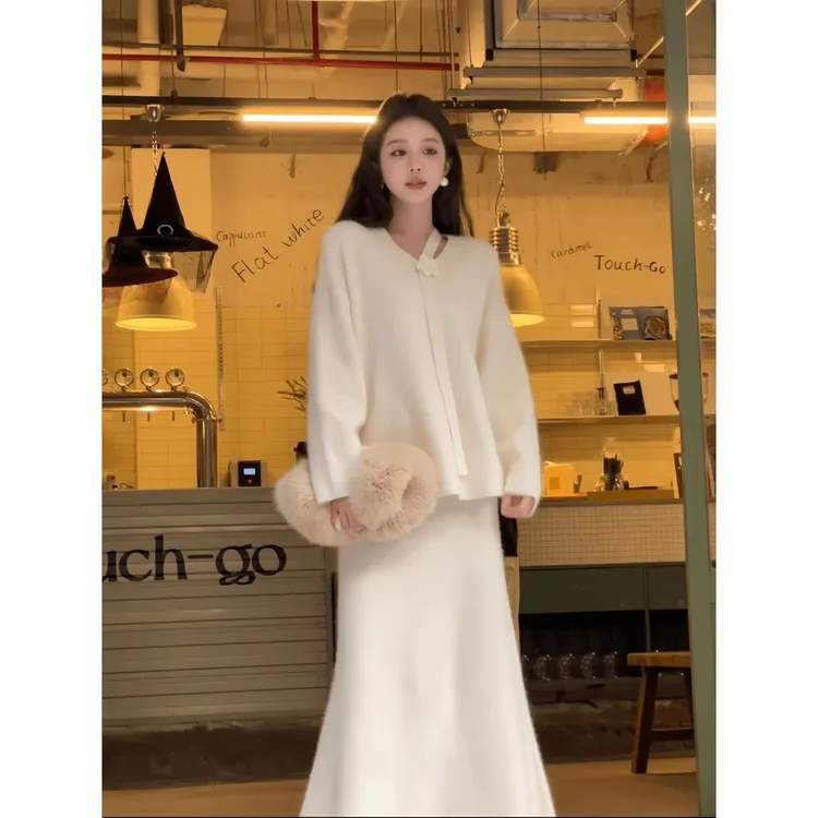 秋冬新款韩系温柔穿搭软糯毛衣针织衫鱼尾半身裙两件套装女