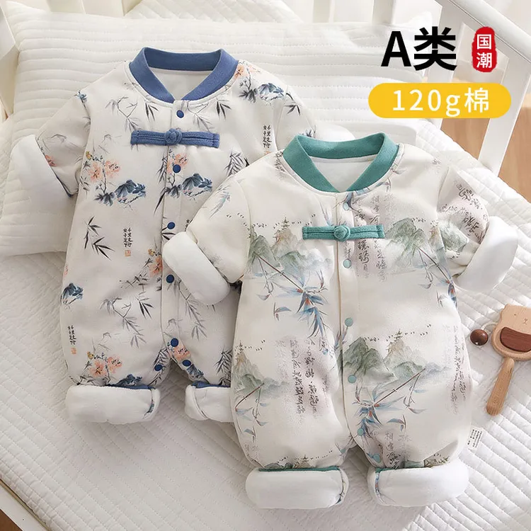 红花鸟国风秋冬宝宝衣服哈衣夹棉无骨爬爬服棉衣新生儿婴儿连体衣