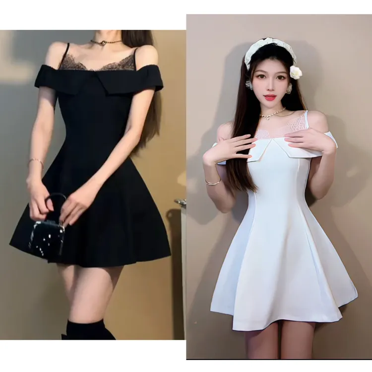 一字肩甜辣风蕾丝边纯欲风收腰显瘦伞裙蓬蓬西装连衣裙小个子气质