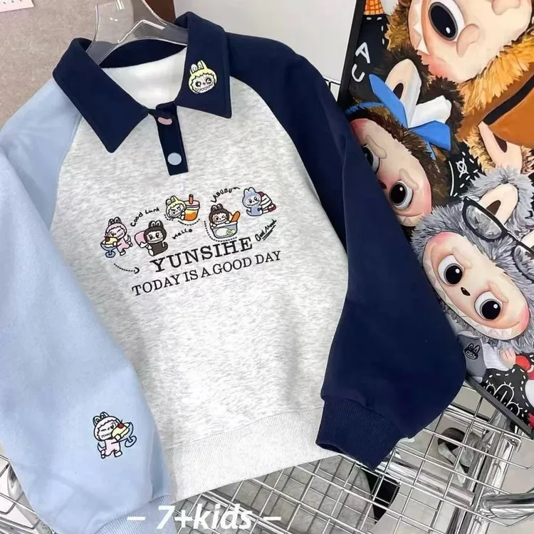 儿童春秋休闲翻领卫衣男女童洋气长袖撞色拼接t恤中大童polo上衣