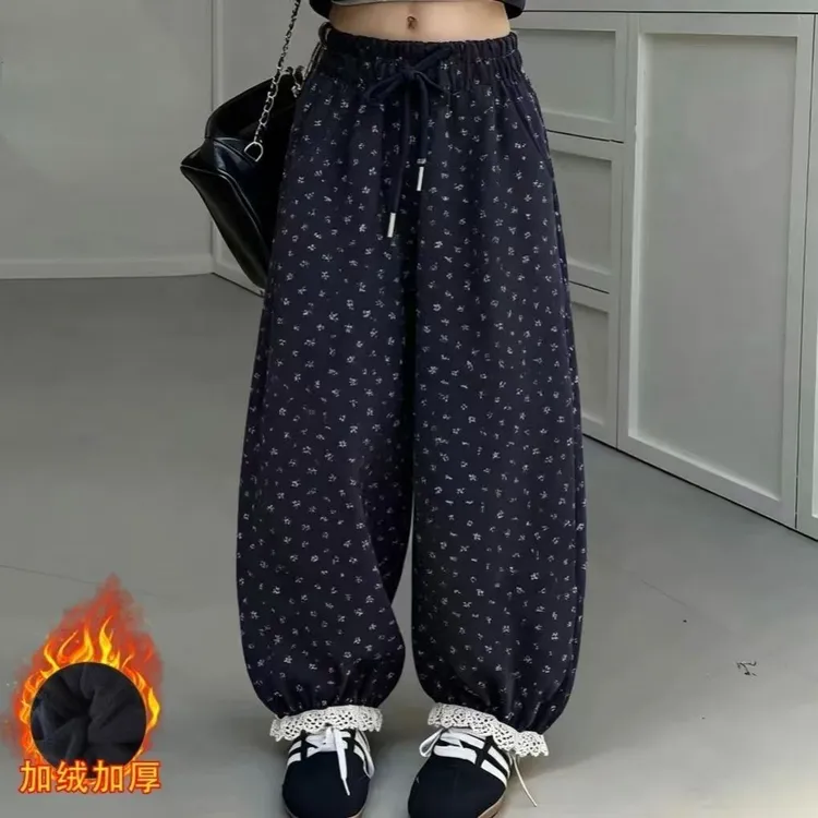 女童秋冬加绒加厚小碎花松腰中大童休闲束脚高级感韩版长裤