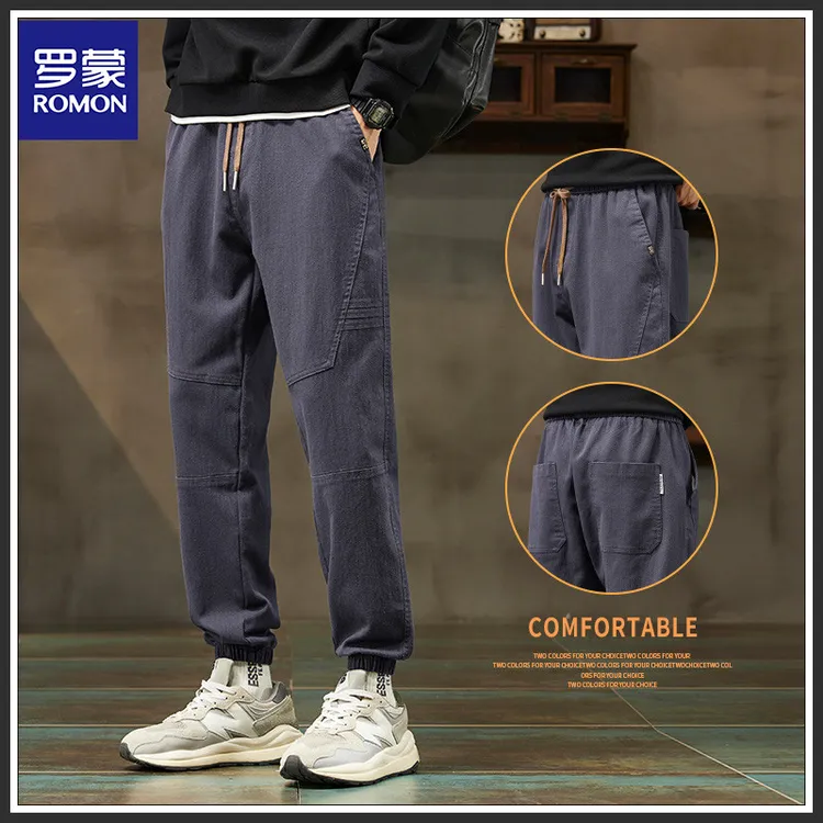 Romon/罗蒙男款加绒休闲裤秋冬新款潮牌宽松百搭加厚保暖束脚长裤