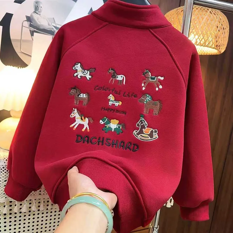 加绒儿童卫衣立领冬季保暖上衣中大童装男童刺绣红色新年款衣服