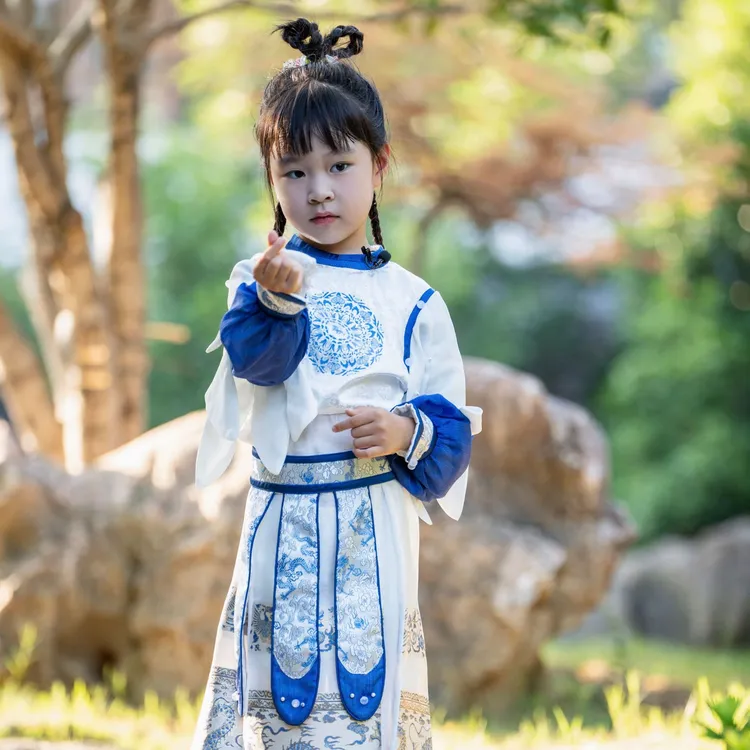 鲜衣怒马少年时青花 原创 唐圆领深衣 唐诃子裙假两件 儿童春夏款