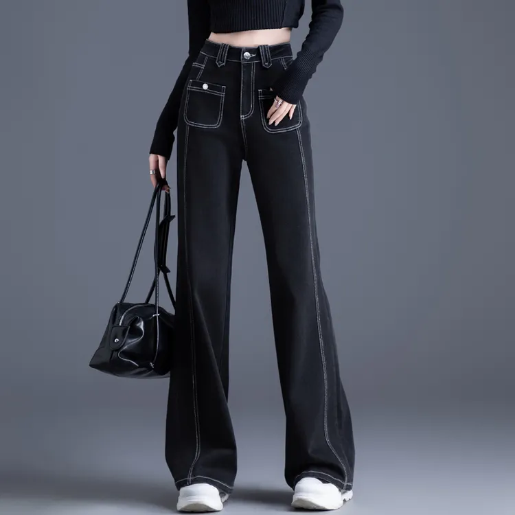 黑色显瘦高腰牛仔裤女2025秋冬季新款弹力微喇休闲裤女宽松阔腿裤