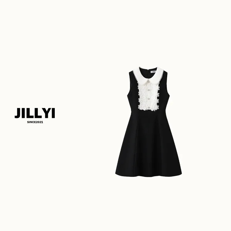 jillyi【凡尔赛花园】气质小香风蕾丝花朵设计师轻奢拼接无袖连衣裙