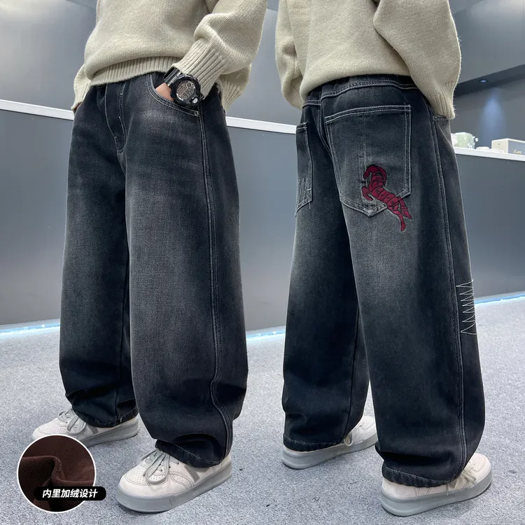 男童加绒裤子2025新款加绒宽松牛仔裤秋冬款中大儿童加厚冬季潮