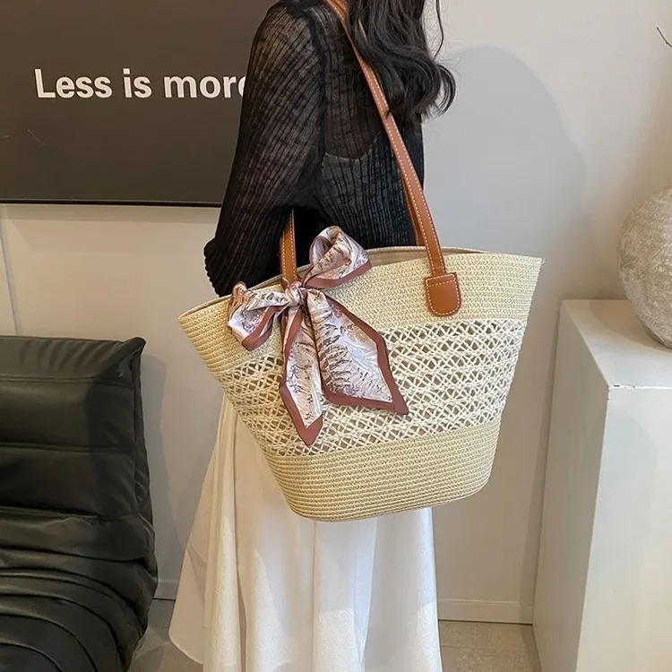 沙滩海边度假新款大容量夏季拉链编织托特包单肩包网红蕾丝草编包